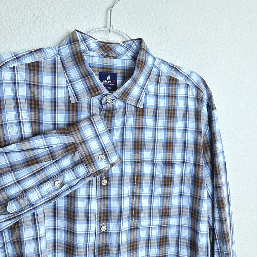 Johnnie-O Mens XL Blue Brown‎ Plaid Long Sleeve Button Down Shirt Cotton Viscose